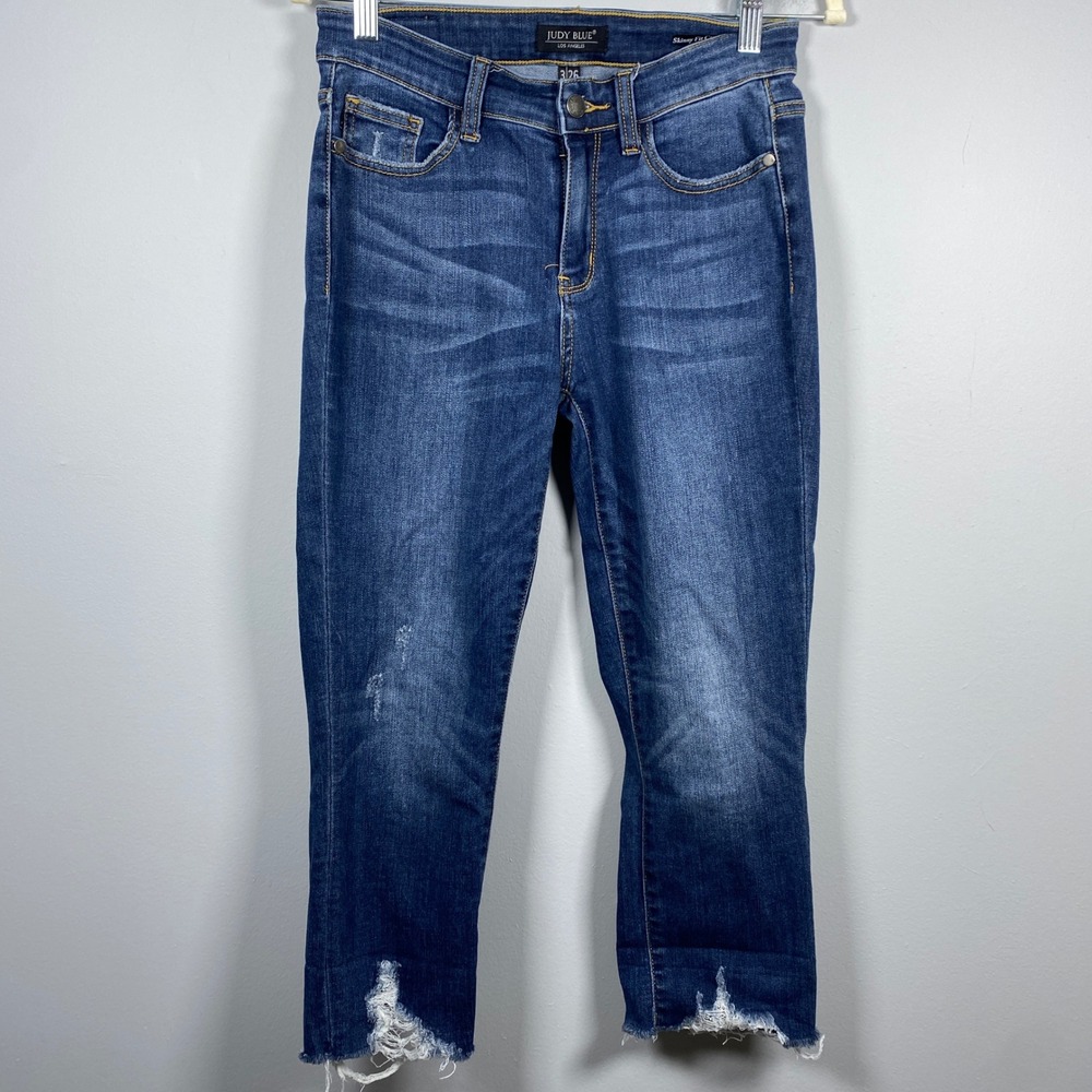 Judy Blue Skinny Fit Capri Jeans Women 3/26 Blue Distressed‎ Raw Hem JB82250DK